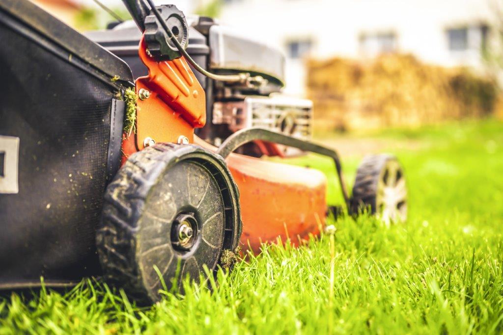 lawnmower in a freshly cut grass field