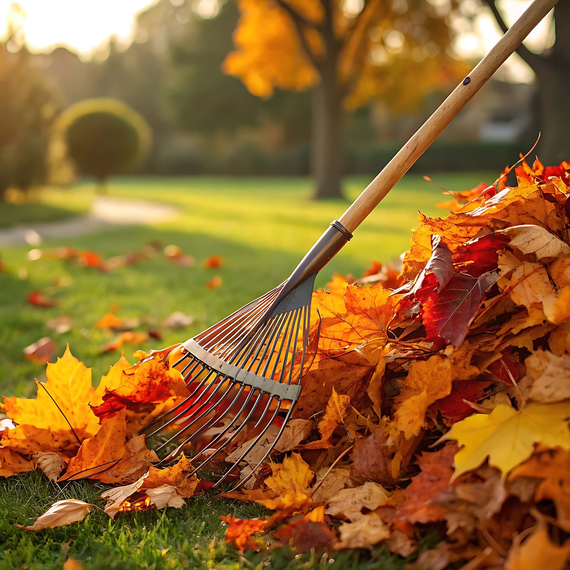 Autumn leaf raking in sunny garden seasonal yard work fall cleanup high resolution photo