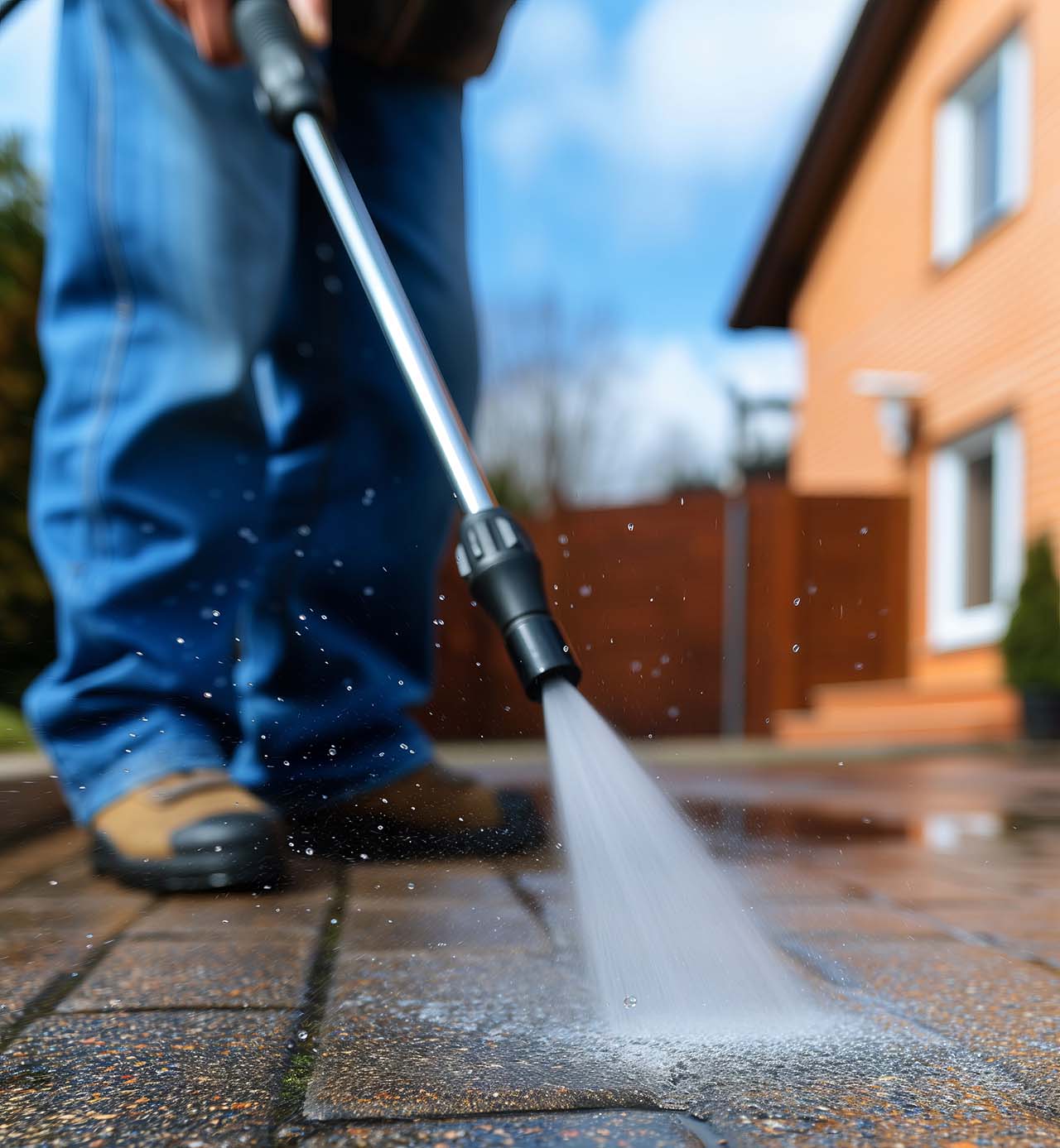 Man power washing a brick driveway Man power washing a brick driveway
